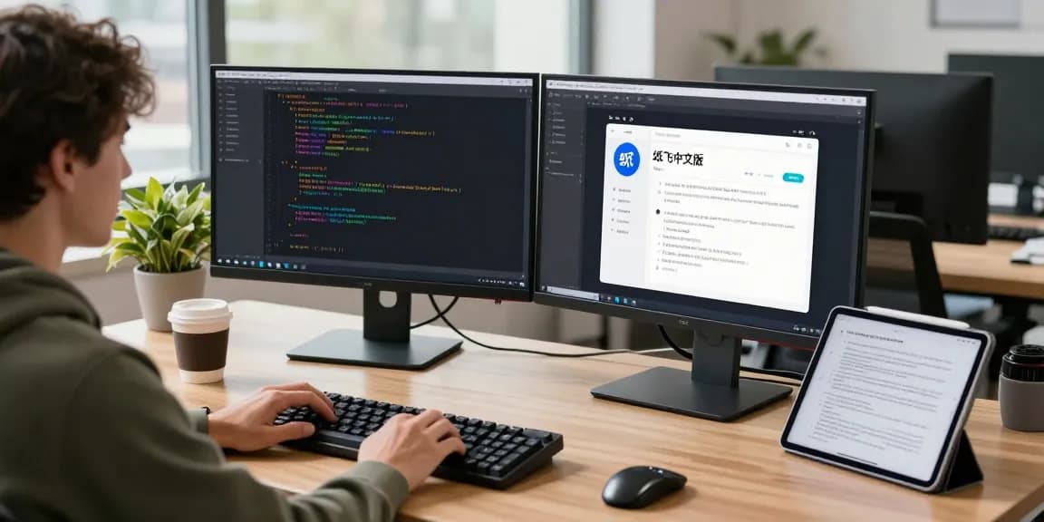 Developer using 纸飞机中文版 on dual monitors in a modern workspace.