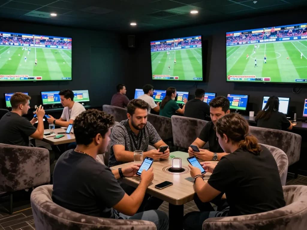CakhiaTV live sports betting atmosphere with enthusiastic fans strategizing on bets