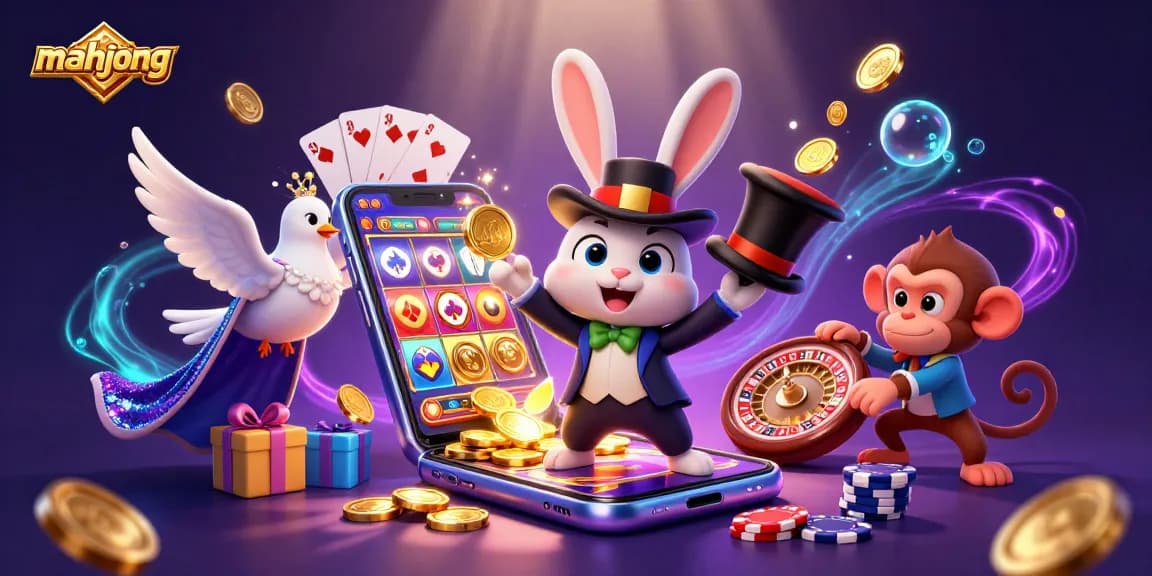 Engaging mahjong-themed illustration with a magician pulling coins, monkey with poker chips, and mobile slot action.