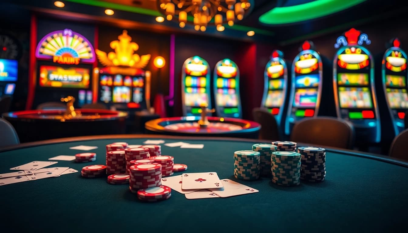 Experience the excitement of KPI4D with vibrant poker chips and glowing slot machines.
