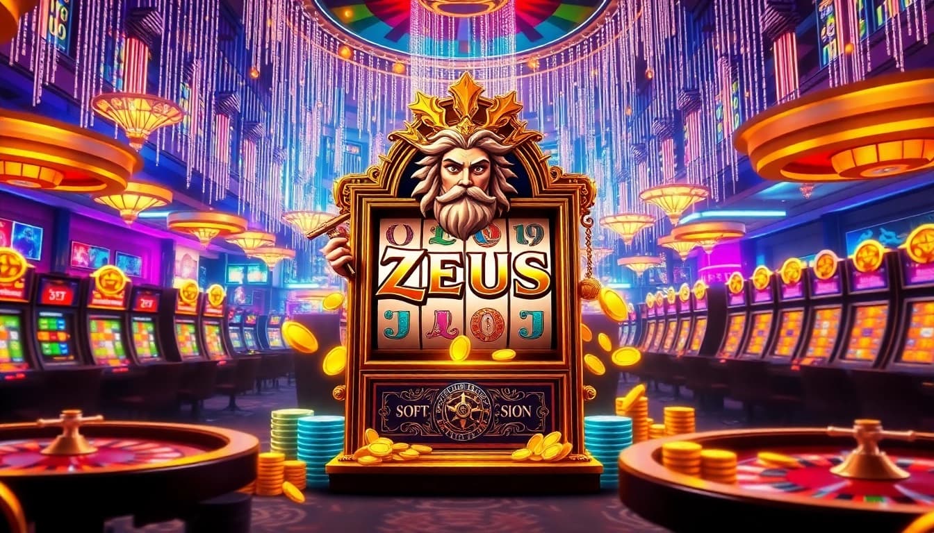 Putar Zeus slot untuk jackpot besar dalam suasana kasino yang seru dipenuhi kemewahan.