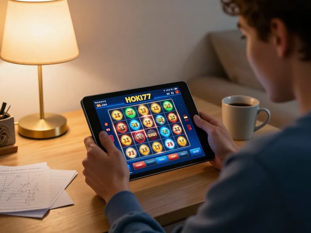 Pemain yang terlibat menikmati slot HOKI77 heylink di tablet dalam suasana rumah yang nyaman.