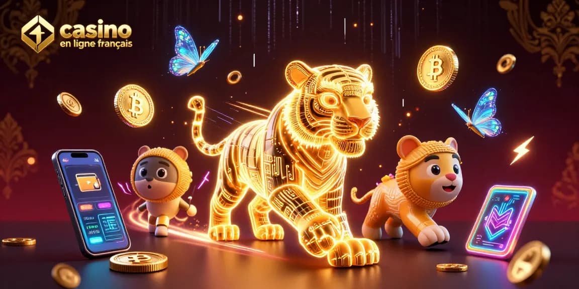 Visualisez le casino en ligne français avec un tigre lumineux et des éléments Bitcoin et Ethereum en 3D.