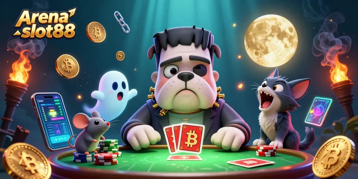 Gambarkan pengalaman bermain di Arena slot88 dengan monster bulldog dan kucing serigala dalam suasana misterius.