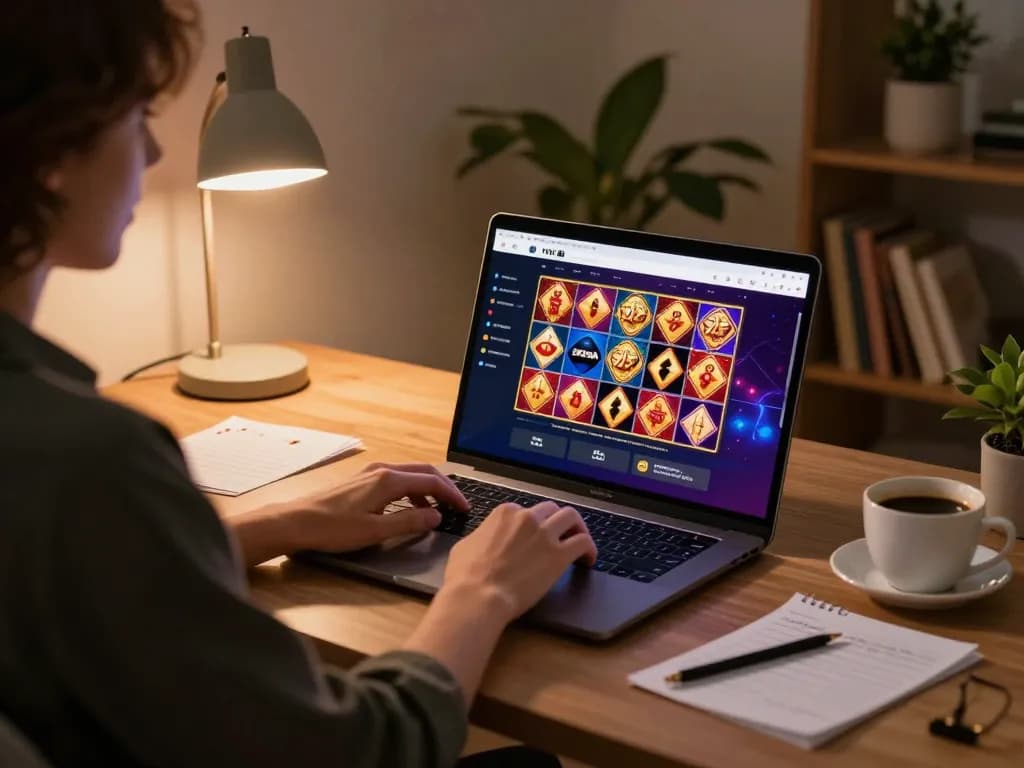 Engaging in online slots via DEWA222, showcasing a cozy home gaming environment.