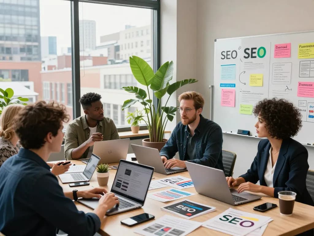 Team discussing Local SEO NYC strategies in a co-working space.