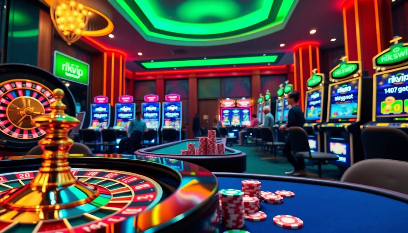 Experience the excitement at rikvip.gb.net with a vivid scene of online gambling featuring poker chips and roulette wheels.