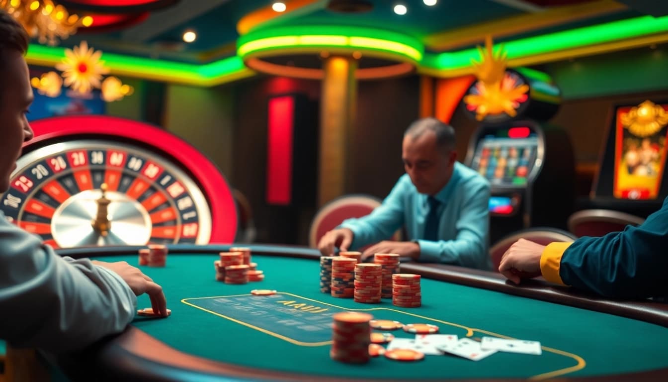 Experience thrilling gambling action at loto188.gb.net with vibrant poker tables and slot machines.