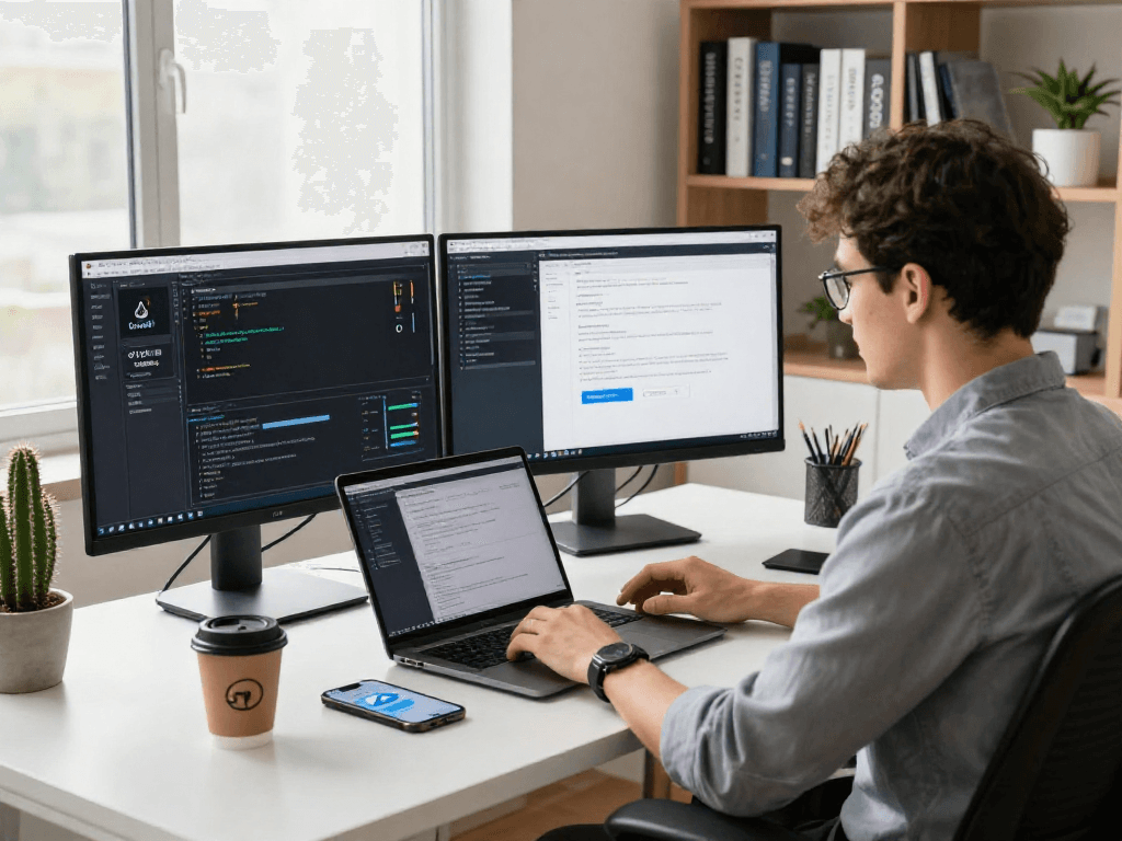 VPS hosting management workspace with server metrics and coding interface