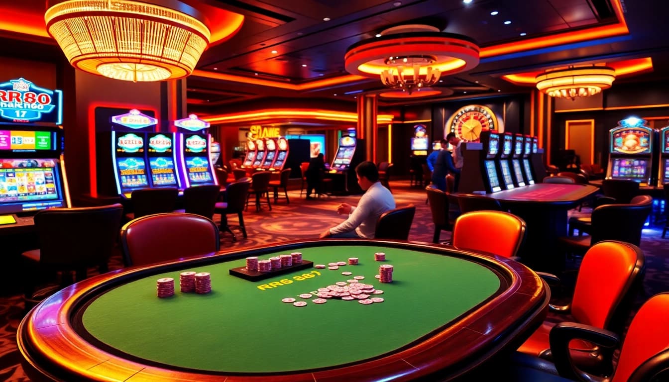 RR88 casino scene with vibrant poker action and appealing slot machines, evoking excitement in gambling.