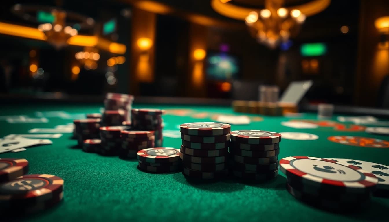 Permainan situs toto dengan chip poker dan kartu di meja hijau, menciptakan suasana kasino yang mendebarkan.