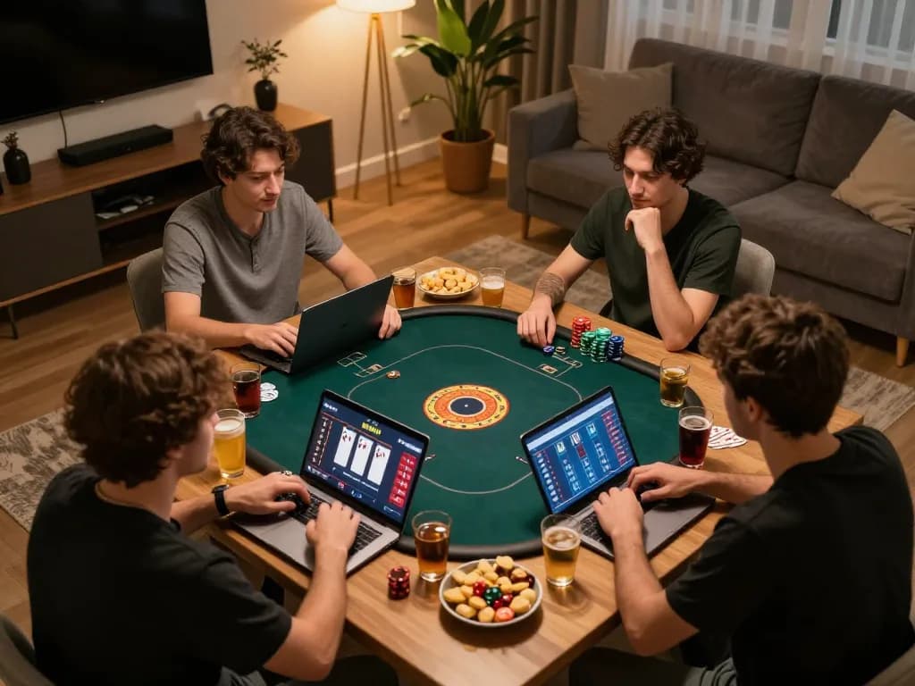 Engaging players in a poker game while using ทางเข้า m99 for online betting in a cozy living room.
