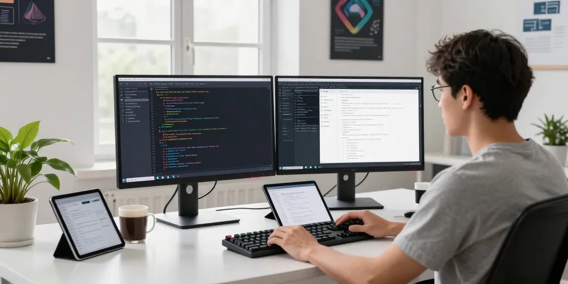 Developer working on the 纸飞机中文版 app in modern workspace with dual monitors, emphasizing productivity and innovation.