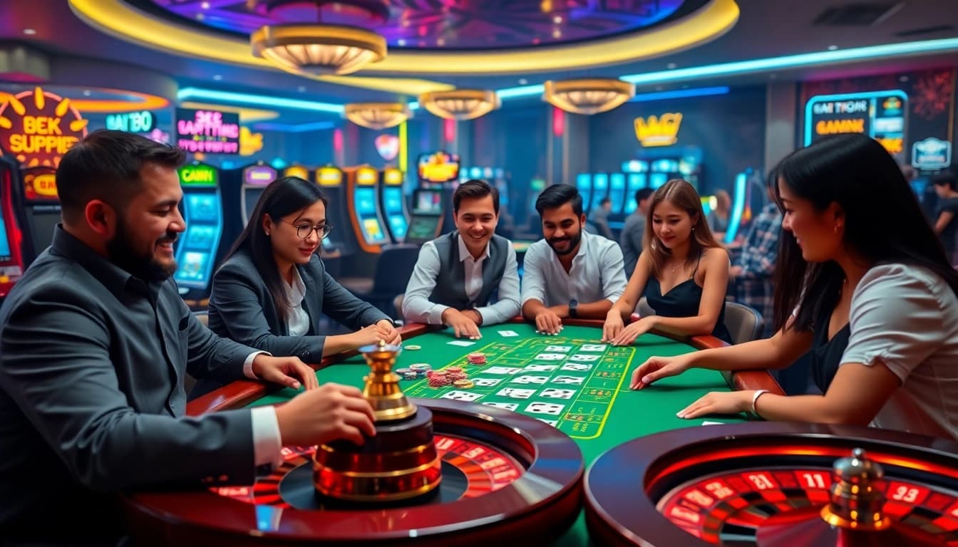 Adegan situs deposit 5k yang menampilkan para pemain di meja blackjack mewah, memancarkan kegembiraan dan keanggunan.