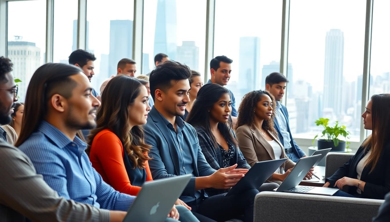 Showcasing Chicago jobs, diverse professionals collaborating in a vibrant office setting.