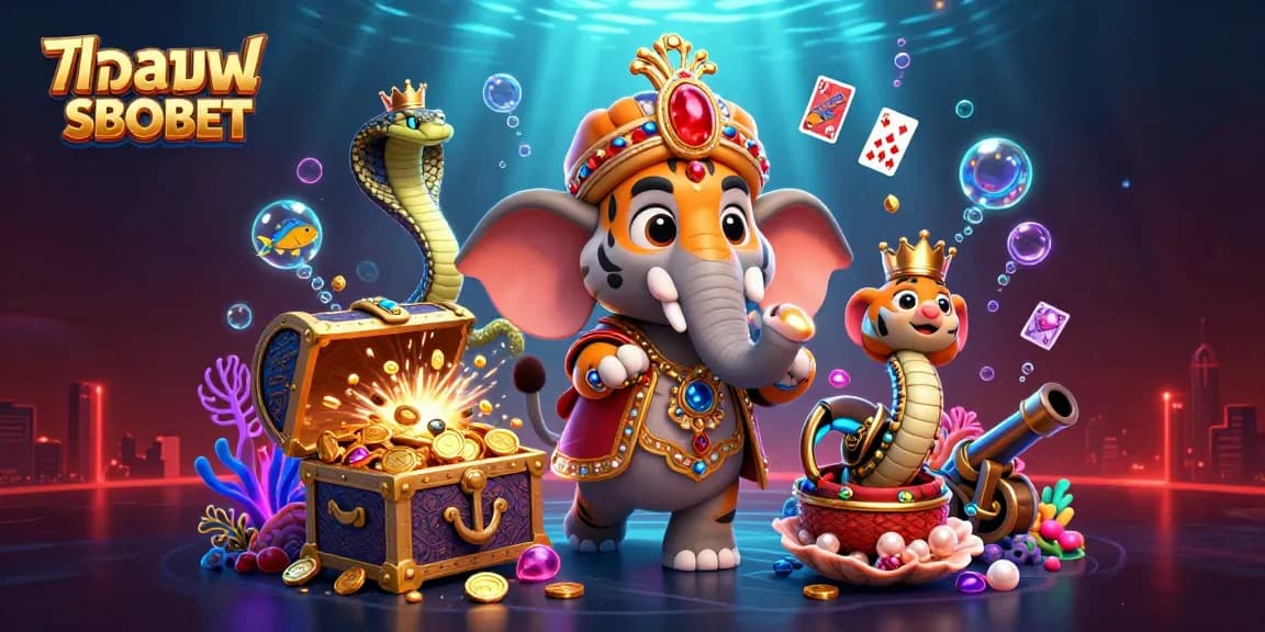 Experience แทงบอล SBOBET excitement with a 3D cartoon scene of a majestic maharaja tiger, elephant, and cobra amidst colorful underwater elements.