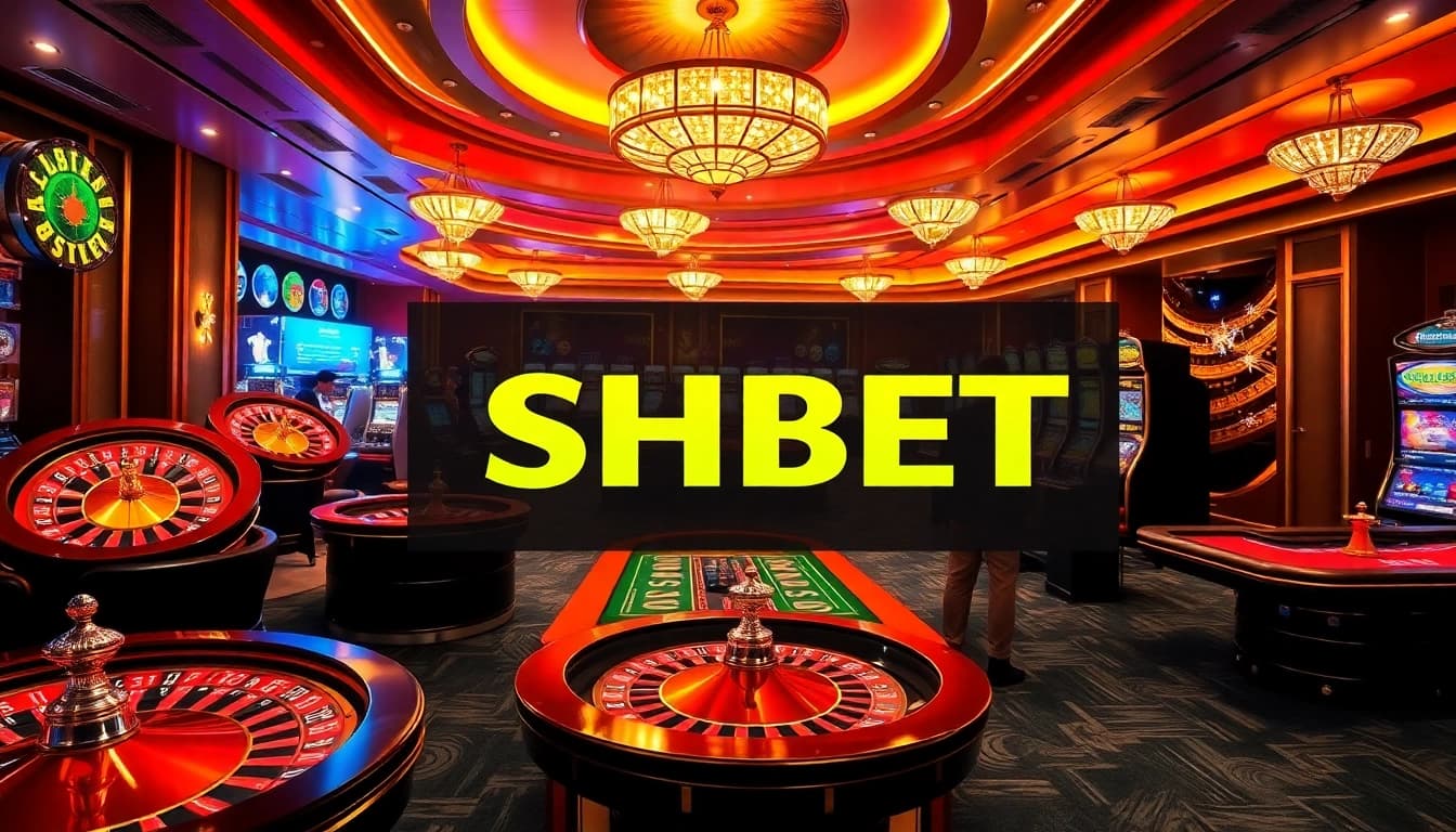 Engage in thrilling gameplay at SHBET's luxurious casino featuring vibrant tables and slot machines.