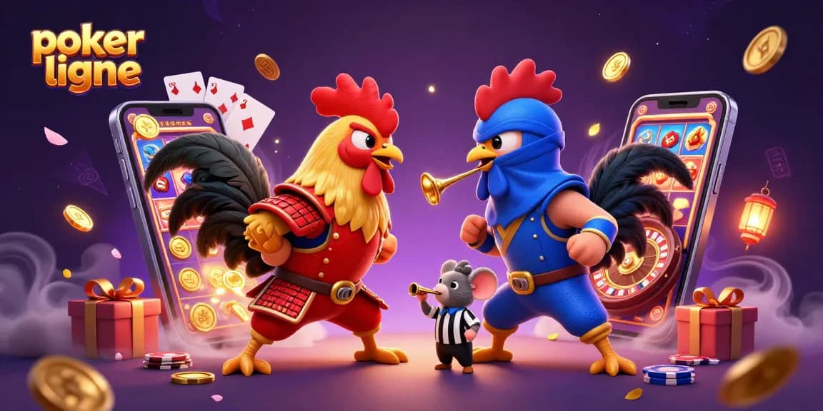 Jouez au poker en ligne avec des graphismes époustouflants d'une bataille de coqs et des éléments de casino vibrants.