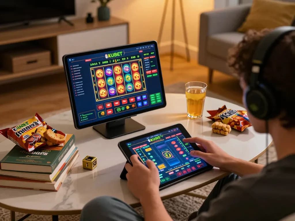 Kubet online gaming session featuring a player immersed in a colorful casino interface on tablet