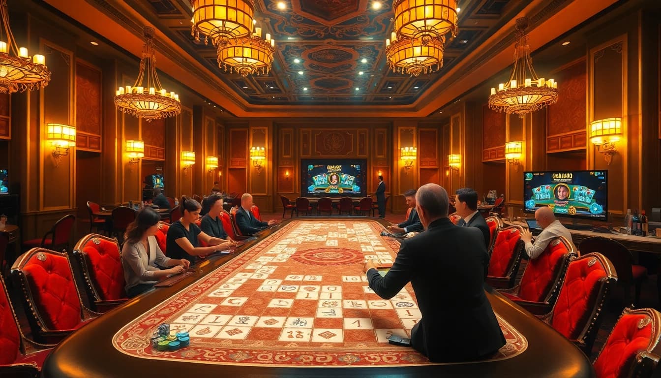 Para pemain menikmati permainan Link Mahjong yang mendebarkan di suasana kasino mewah.