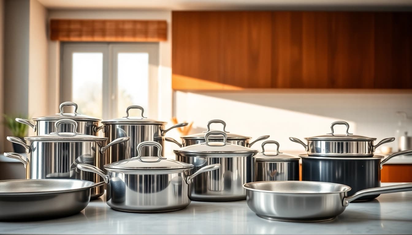 Showcase of premium cookware on a kitchen counter, featuring sleek stainless steel and non-stick pots.