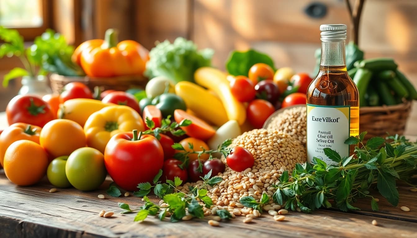 Delicious assortment of Mediterranean diet foods including fresh vegetables, fruits, and olive oil.