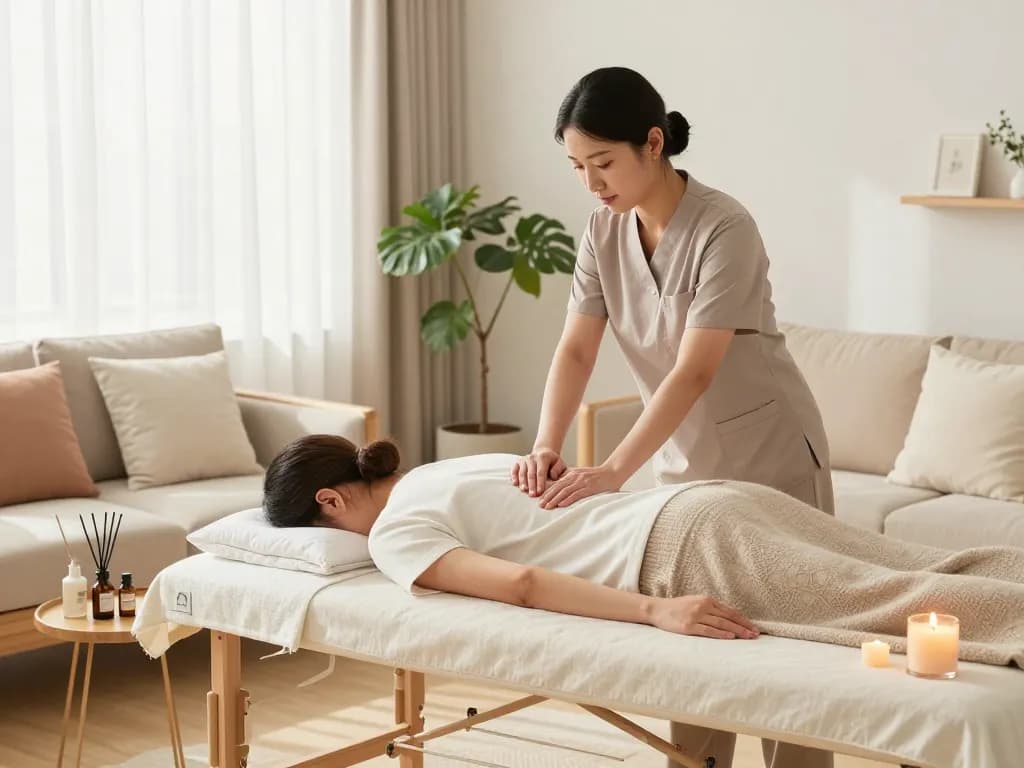 Professional 서울출장마사지 in a tranquil living room, showcasing calming atmosphere and wellness elements.