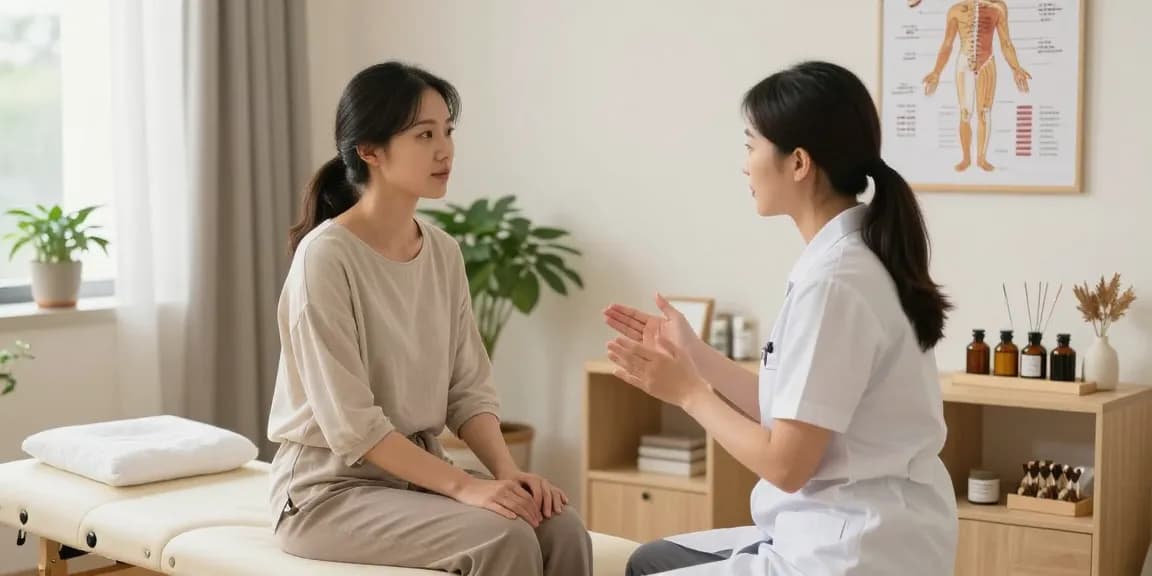 Consultation at 수원한의원 showcasing a patient and an acupuncturist in a calming clinic.