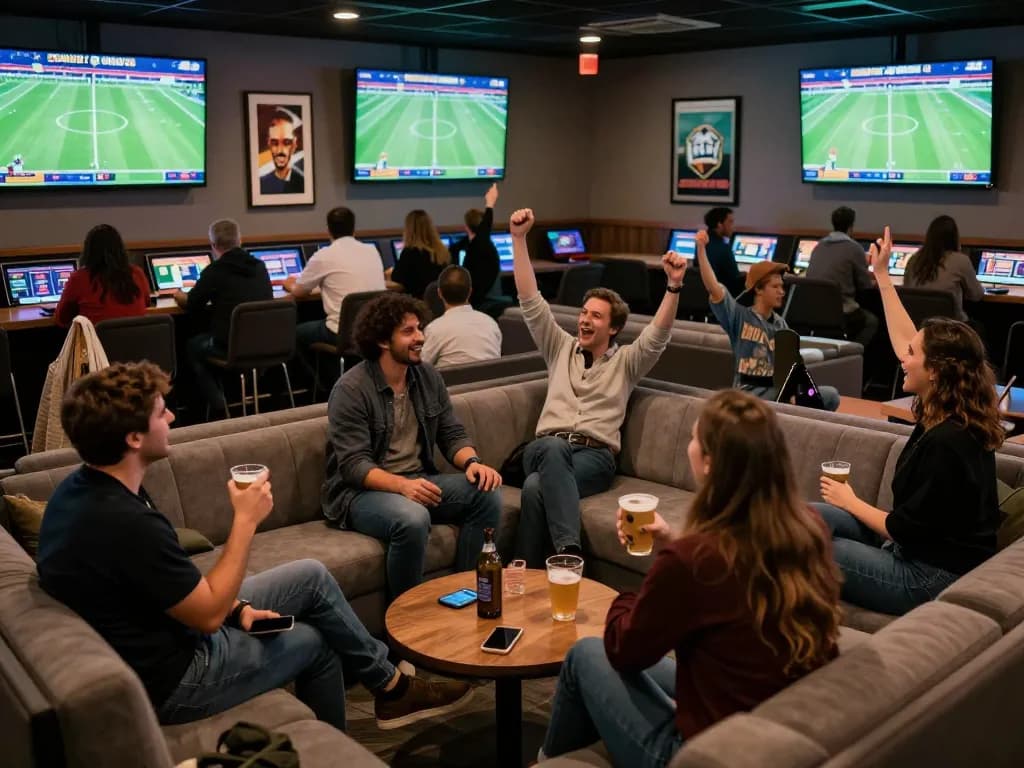 Kèo nhà cái 55 patrons enjoying live sports betting in a vibrant lounge atmosphere.