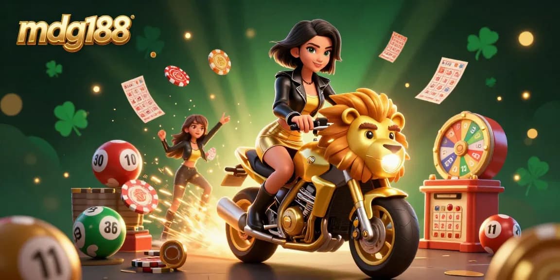 Engage with the mdg188 lottery experience, featuring vibrant elements and a glamorous Asian character.