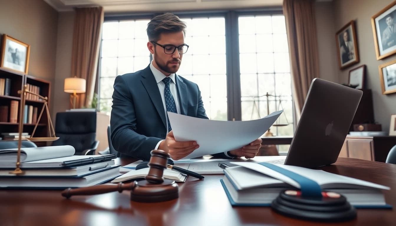 Intellectual property lawyer reviewing documents in a professional office environment.