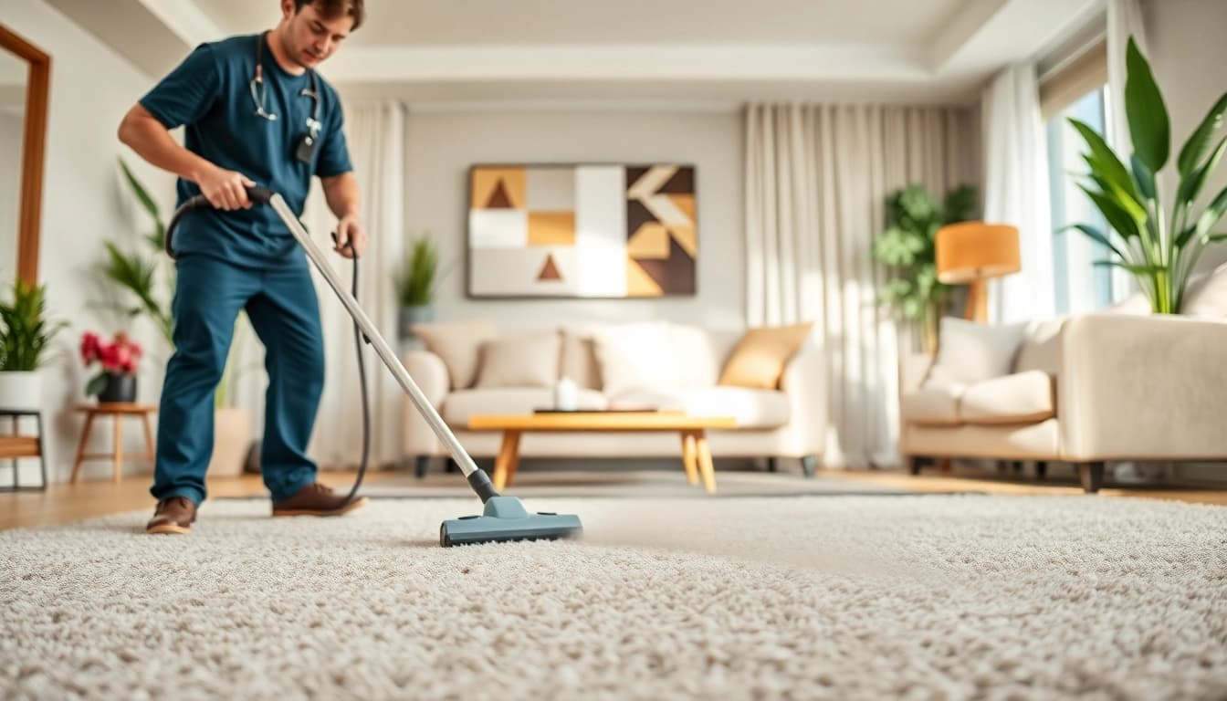 Experience carpet cleaning specials with a professional technician using advanced equipment in a modern home.