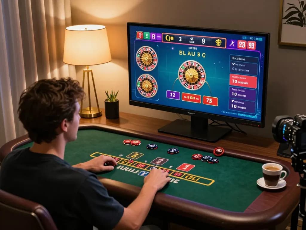Person engaging in a live dealer game at home while using LOTO188 COM for a thrilling online gaming experience.