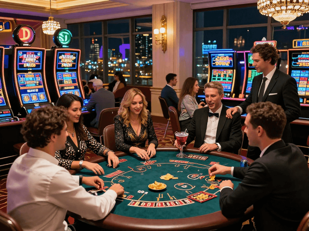 Exciting scene at EU casinos accepting UK players with diverse players and vibrant gaming action.