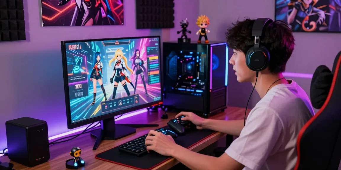 Engaging player immersed in an ecchi simulator game in a vibrant gaming room setting.