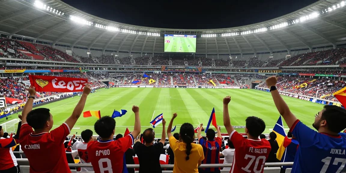 Fans cheering for their teams during a koora live soccer match with vibrant stadium atmosphere.