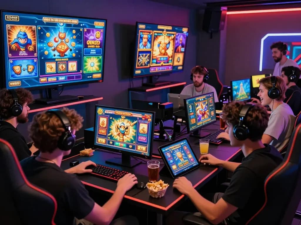 Pemain yang terlibat menikmati permainan slot Virus88 di perangkat canggih dalam lingkungan gaming yang ramai.
