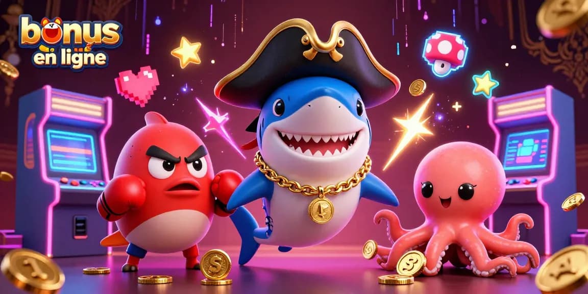 Bonus casino en ligne dynamique illustré avec un requin pirate et un poulpe tenant des pièces d'or.