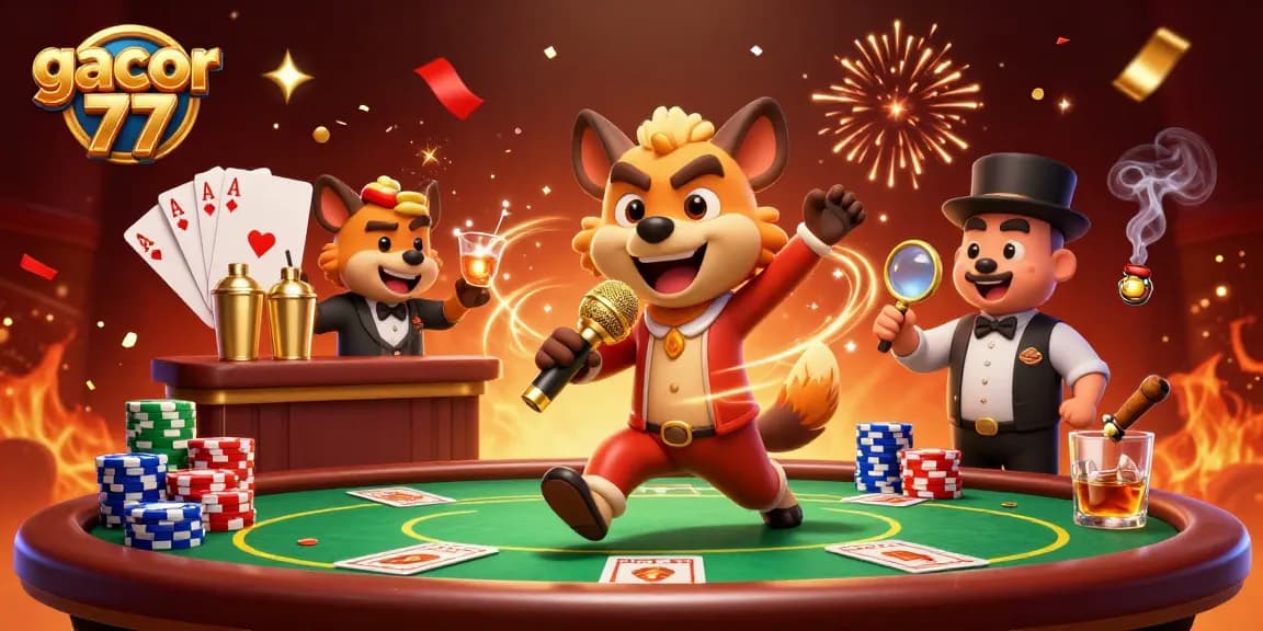 Gacor 77 menghadirkan suasana kasino dengan kartun hyena menyajikan kasino yang ceria dan lucu.