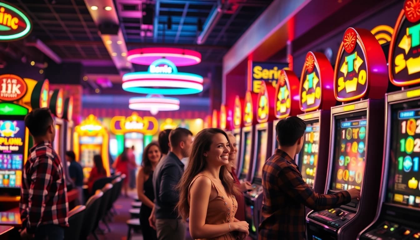 Menangkan hadiah di slot deposit 1k dengan suasana kasino yang energik dan penuh warna.