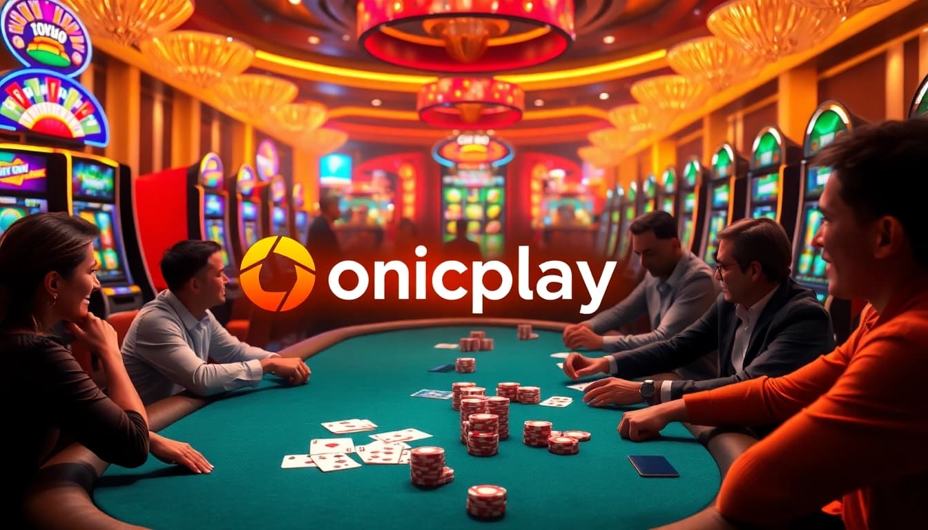 Players enjoying exciting slot games on Onicplay with bright casino lights and poker chips.