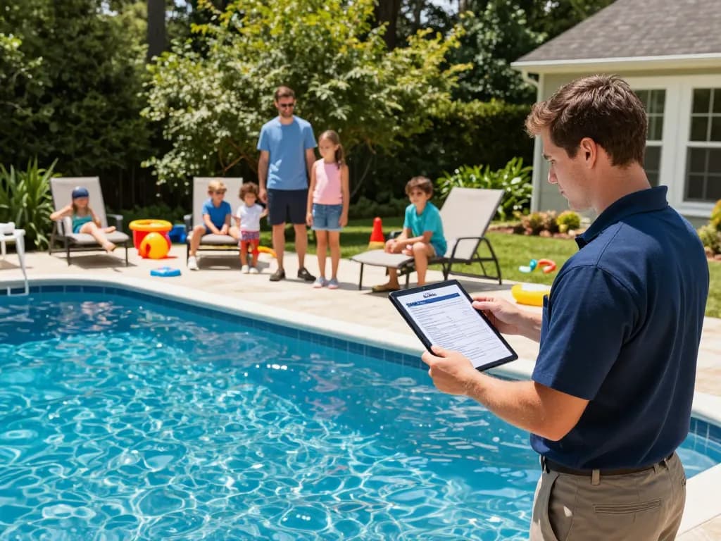 Dolphin Pool Services technician inspecting a family pool, ensuring quality maintenance.