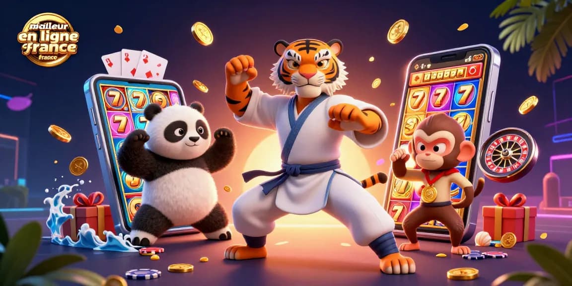 Gagnez au meilleur casino en ligne France avec l'illustration d'un tigre kung fu et un panda.