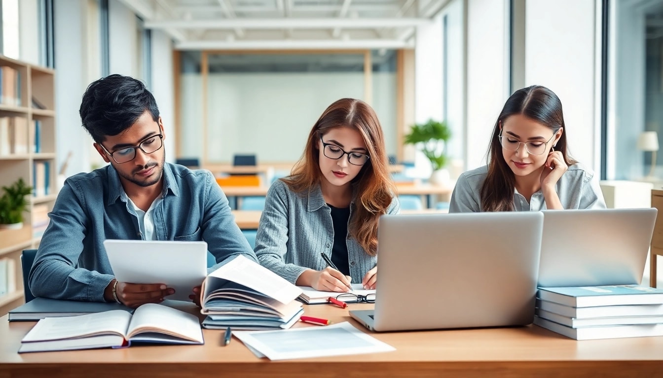 Hire skilled TOEFL test takers in a focused study session with books and notes.