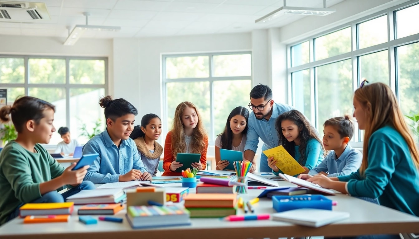 Dynamic classroom scene depicting education innovation and equity through collaboration.