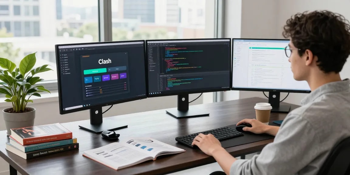 在clash官网上展示现代化工作空间，开发者使用多个显示器操作Clash软件界面。