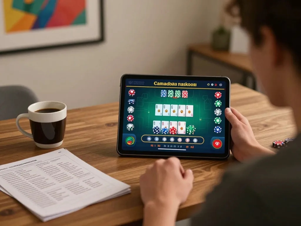 Engaging gameplay at Canada online casinos reddit with a player strategizing blackjack on a tablet.