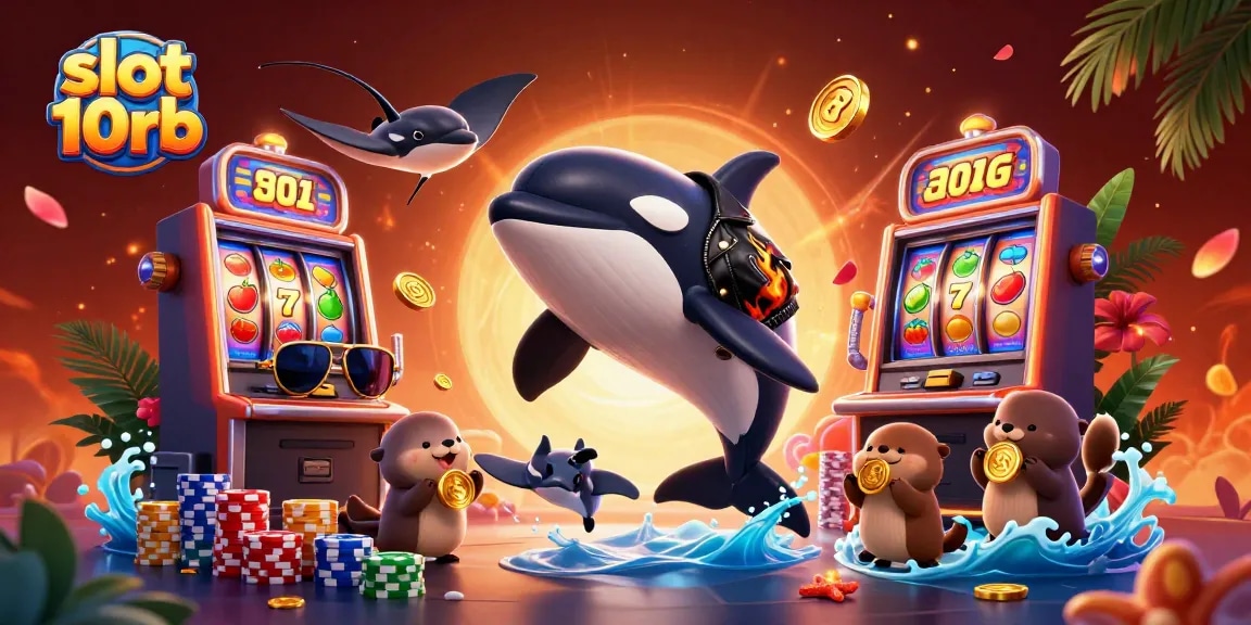 Spin slot 10rb reels while a 3D orca leaps amidst poker chips and golden coins.