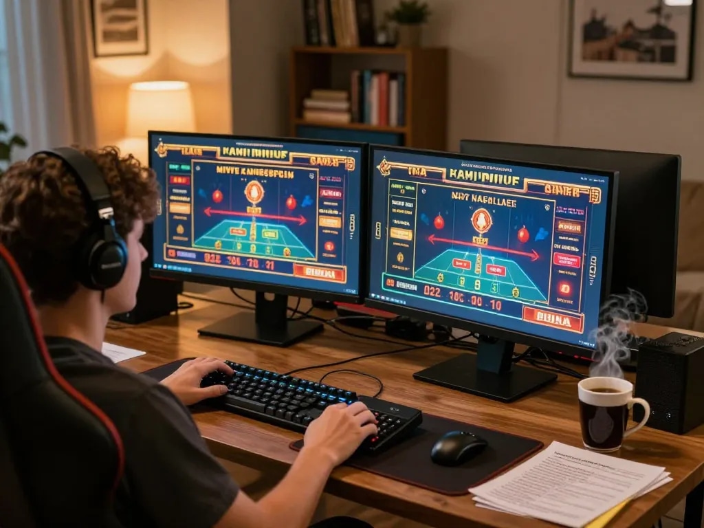 M88 cá cược trực tuyến phiên chơi game online với người chơi tập trung trên hai màn hình, ghi chú chiến lược bên cạnh.