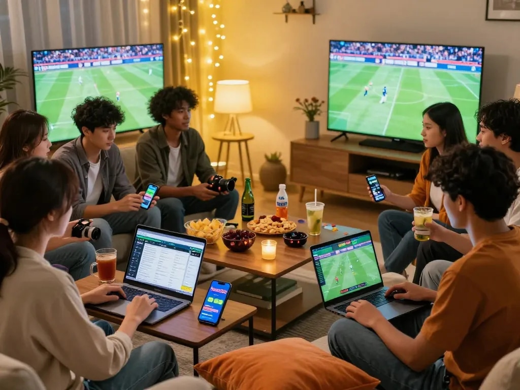 Friends engaging in gaming and betting on hubet88 in a cozy living room atmosphere, surrounded by snacks and technology.